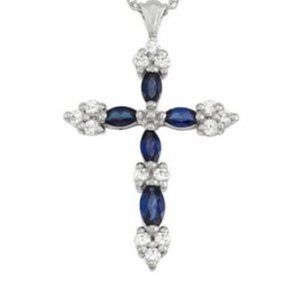 Sterling Silver created blue and white sapphire cross pendant